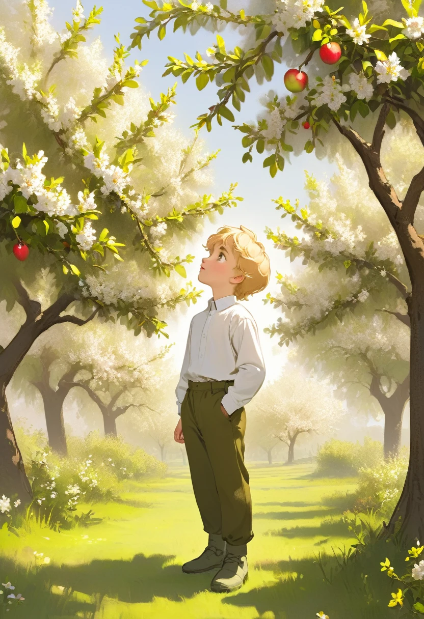 A Russian boy with blond hair in a white long-sleeved shirt and olive pants stands near a blooming apple tree and looks up