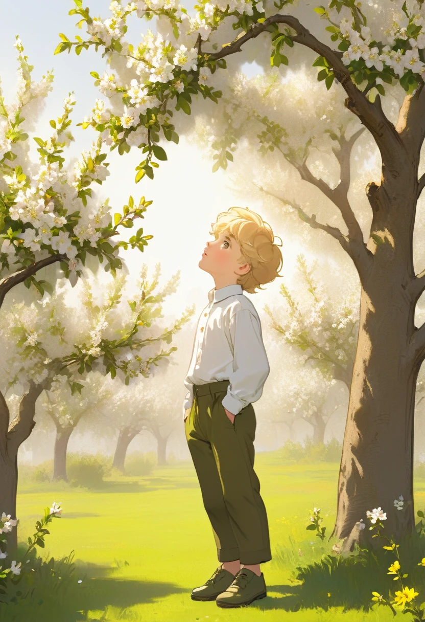 A Russian boy with blond hair in a white long-sleeved shirt and olive pants stands near a blooming apple tree and looks up