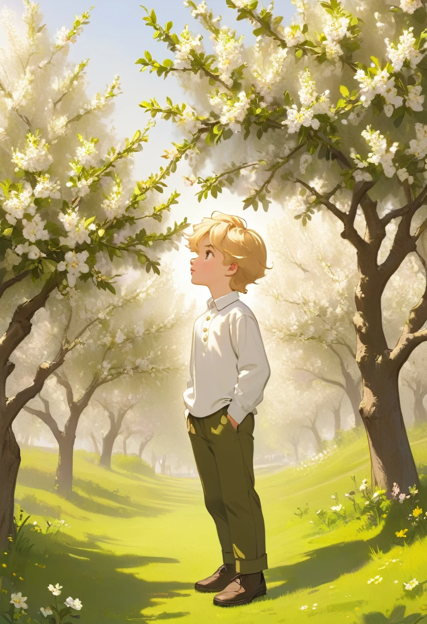 A Russian boy with blond hair in a white long-sleeved shirt and olive pants stands near a blooming apple tree and looks up