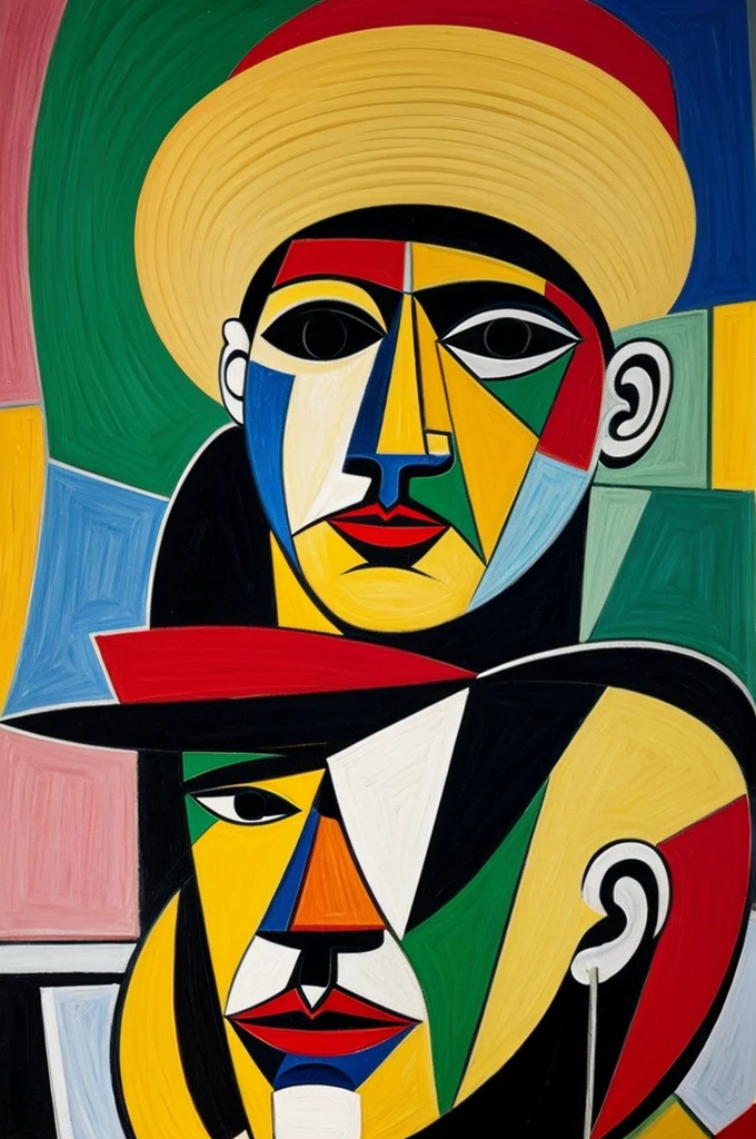 a Picasso cubist style portrait painting of Mercury Freddy on stage wearing a Mexican hat