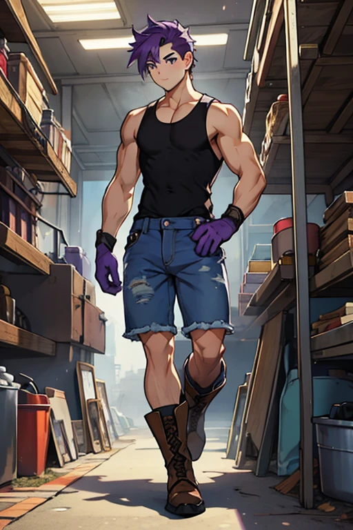 Young man, PURPLE HAIR, purple eyes, black sleeveless shirt , denim tank shorts, mechanic gloves, Brown boots