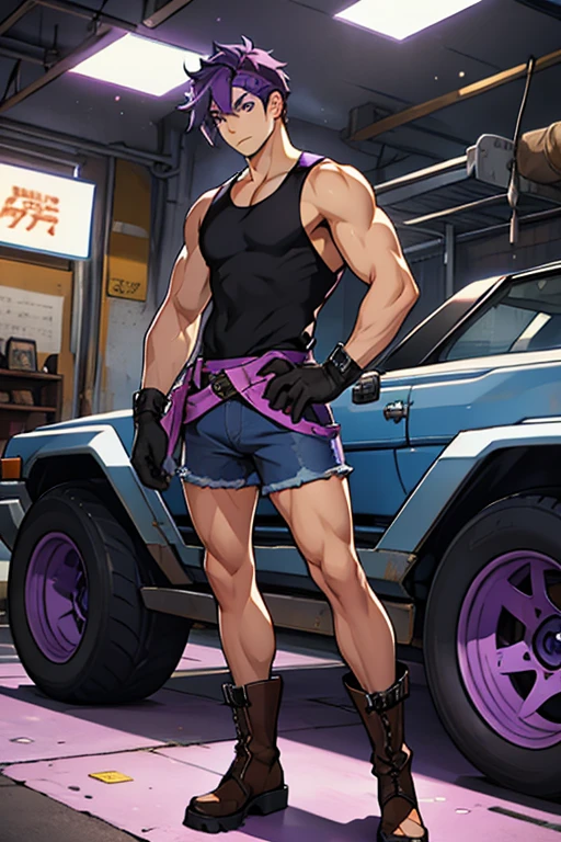 Young man, PURPLE HAIR, purple eyes, black sleeveless shirt , denim tank shorts, mechanic gloves, Brown boots