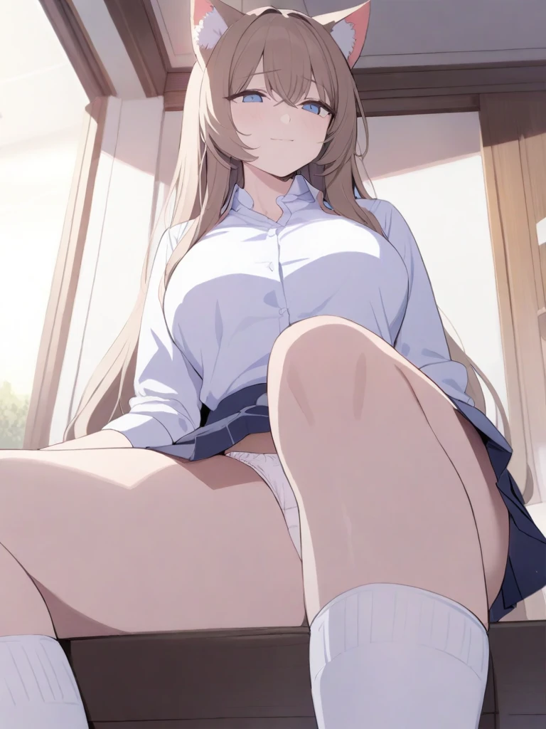 masterpiece, best quality, high quality, beautiful anime character, solo, anime girl with brown hair, soft hair, long hair, blue eyes, cat ears, big breasts, mature female, tall female, big girl, thick, (calming face, light smile, loving eyes), indoors, (white shirts, white panties, dark blue pleated skirt), cat tail, from below view, school girl, white socks, sitting, panties peeking, crotch highlighting,