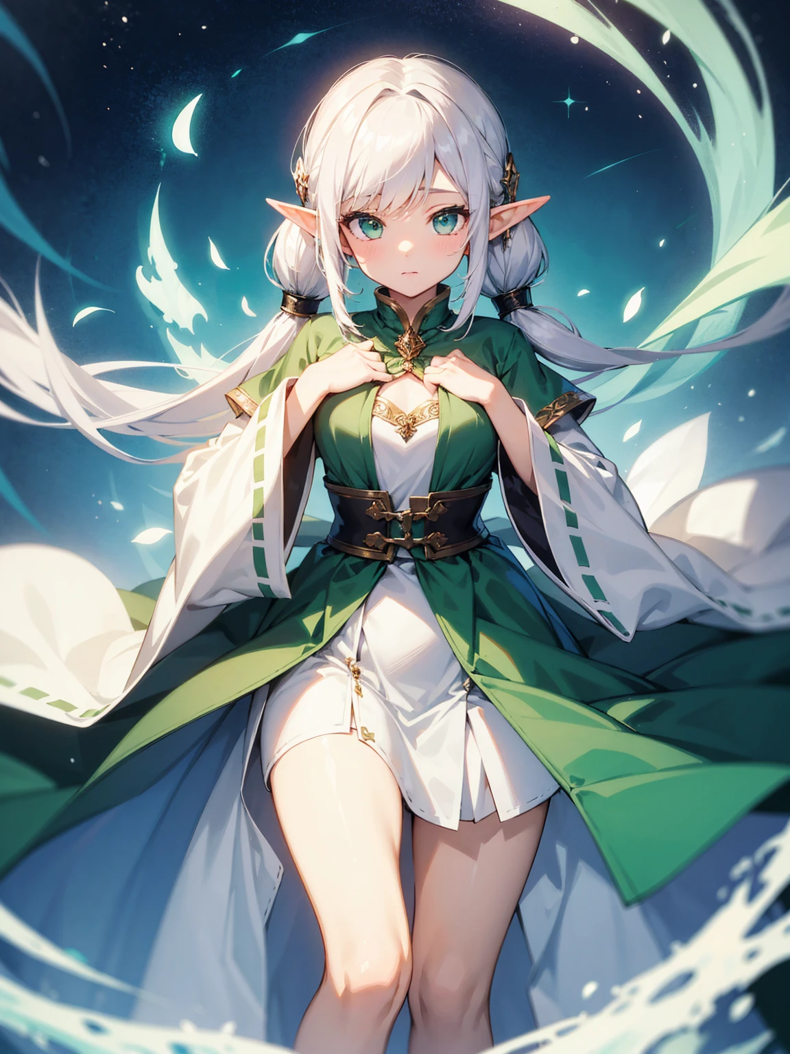 Highest quality:1.2)、1 Girl、Elf、Are standing、chest、High twin tails、White Hair、Green Eyes、White Robe、Frielen、Fantasy、(landscape:0.5)、Sorcerer