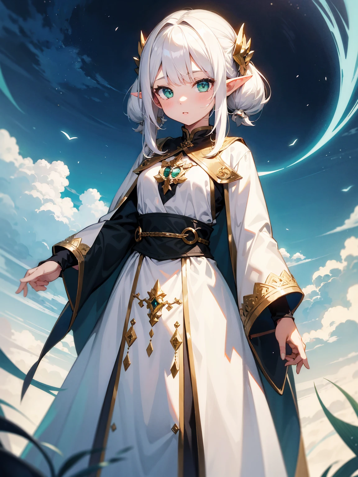 Highest quality:1.2)、1 Girl、Elf、Are standing、chest、High twin tails、White Hair、Green Eyes、White Robe、Frielen、Fantasy、(landscape:0.5)、Sorcerer