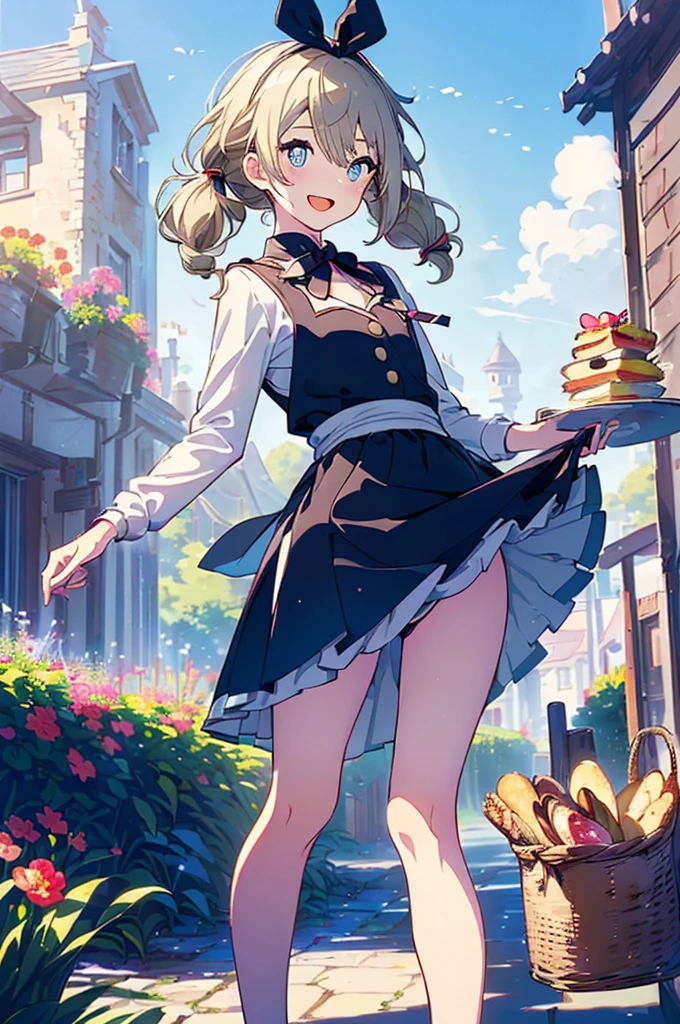 (perky chest:1.2), (pointed chest:1.2),(((Black Tunic:1.3))),(((cakes and bread in the basket),Cute and beautiful girl,Cute round face,Cute smile,with blush cheeks,Red Lip,a girl , nsfw:1.2, beautiful body:1.3), shinny skin, BREAK, ((alice in the wonderland:1.3, cute, kawaii, lovely, funny, a girl falling down from sky:1.3, girl flying in sky:1.4, girl floating in air:1.5, rolling upskirt by wind:1.6, (with sparkling eyes and a contagious smile),open mouth, Looking at Viewer, surprised, putting hands on crotch over the skirts:1.5)), BREAK, ((floating things as follows:1.3, PlayingCards, Trump, tea cup, tea pot, tea spoons, pocket watch:1.3, lip sticks, candies:1.2, cookies, jam bottles, classical door_keys)), ((long purply_Blue dress :1.5, wearing long flaired skirt:1.3, the skirt is blowing:1.3, cute pink Apron, black stockingedium long platinum-blonde hair:1.2, twin tail hair:1.6, tied hair with a large ribbon), (Blue eyes, bright pupils with highlights, detailed eyes), (lying down on your back:0.7, spreading legs with rising up straight:0.7), sexy posture, fantastic colorful art, (fantasy art:1.2, wondered images), ((correct anatomy:1.5, perfect anatomy:1.3, correct hand, small foot:1.2)),
