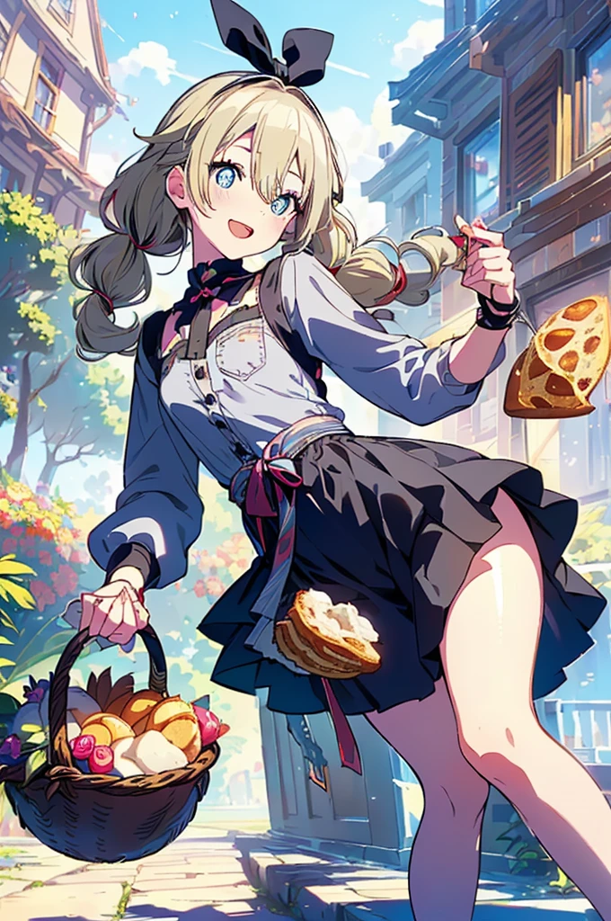 (perky chest:1.2), (pointed chest:1.2),(((Black Tunic:1.3))),(((cakes and bread in the basket),Cute and beautiful girl,Cute round face,Cute smile,with blush cheeks,Red Lip,a girl , nsfw:1.2, beautiful body:1.3), shinny skin, BREAK, ((alice in the wonderland:1.3, cute, kawaii, lovely, funny, a girl falling down from sky:1.3, girl flying in sky:1.4, girl floating in air:1.5, rolling upskirt by wind:1.6, (with sparkling eyes and a contagious smile),open mouth, Looking at Viewer, surprised, putting hands on crotch over the skirts:1.5)), BREAK, ((floating things as follows:1.3, PlayingCards, Trump, tea cup, tea pot, tea spoons, pocket watch:1.3, lip sticks, candies:1.2, cookies, jam bottles, classical door_keys)), ((long purply_Blue dress :1.5, wearing long flaired skirt:1.3, the skirt is blowing:1.3, cute pink Apron, black stockingedium long platinum-blonde hair:1.2, twin tail hair:1.6, tied hair with a large ribbon), (Blue eyes, bright pupils with highlights, detailed eyes), (lying down on your back:0.7, spreading legs with rising up straight:0.7), sexy posture, fantastic colorful art, (fantasy art:1.2, wondered images), ((correct anatomy:1.5, perfect anatomy:1.3, correct hand, small foot:1.2)),