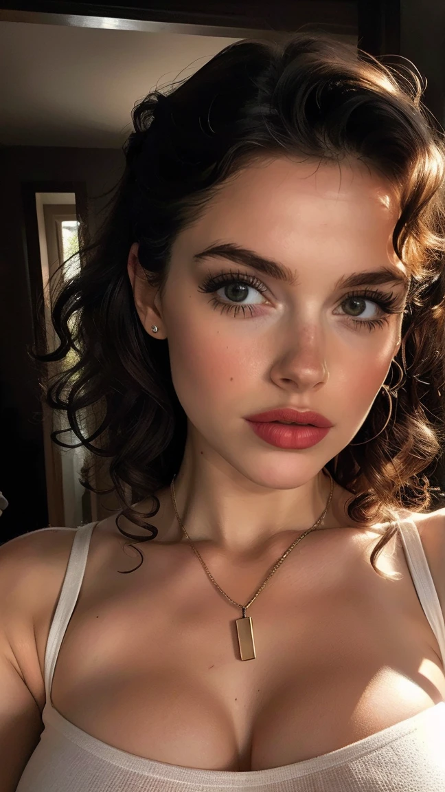 (((surreal))) photoshot, work of art, maximum quality, (pale skin), (super verbose的脸部和眼睛:1.3), 1 girl, Adult, wearing a black tshirt, A necklace hangs on the chest, necklace neckline, (eye make up, black mascara) , ((big fit ass, delicate lips)), ((dark and curly hair)), ((Chiolca)) , (natural breasts), ((pose)), photoshot shooting, (sidelight), (The play of light and shadow), Depth of field, bokeh, (Special attention to skin details: 1.2), Detailed leather texture, skin pore. (dark atmosphere frame. Color range - black, tangerine, rot, tuning), Grão Dlm), (lightning strikes), ((sheen)), ((portraite, Close to the camera)) , super verbose,
