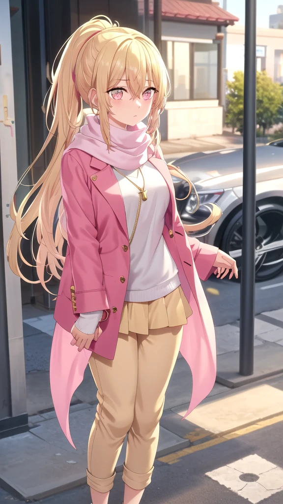 an anxious expression but at the same time fun, wear a pink blouse,A white scarf, and baggy light yellow pants and be feminine, who has long white hair down to her knees, and have a necklace with this pendant 楽, Glowing gold Eyes