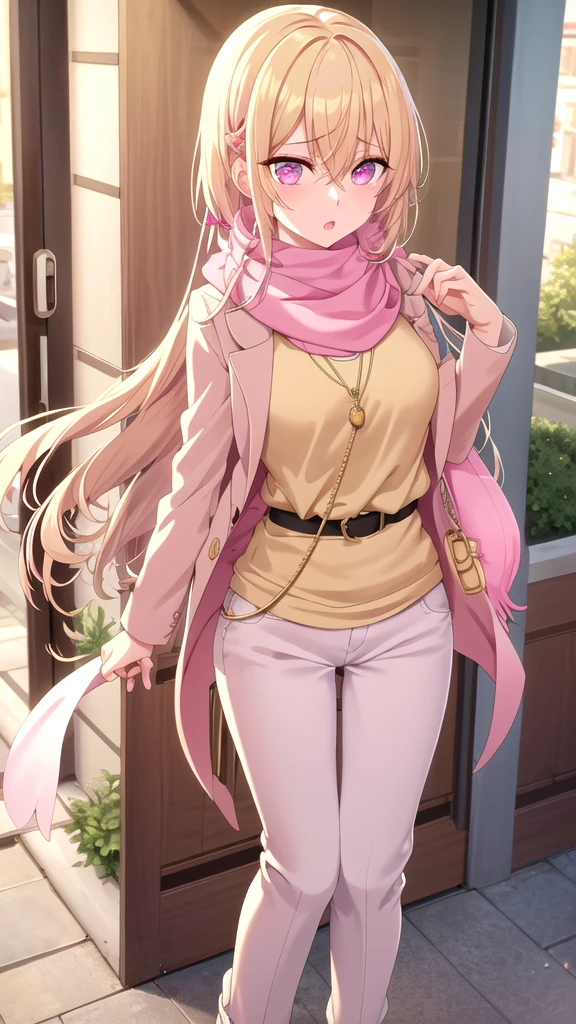 an anxious expression but at the same time fun, wear a pink blouse,A white scarf, and baggy light yellow pants and be feminine, who has long white hair down to her knees, and have a necklace with this pendant 楽, Glowing gold Eyes