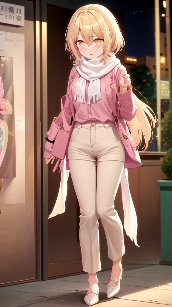 an anxious expression but at the same time fun, wear a pink blouse,A white scarf, and baggy light yellow pants and be feminine, who has long white hair down to her knees, and have a necklace with this pendant 楽, Glowing gold Eyes