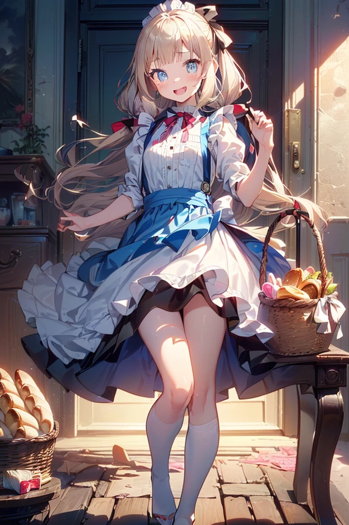 (perky chest:1.2), (pointed chest:1.2),(((Black Tunic:1.3))),(((cakes and bread in the basket),Cute and beautiful girl,Cute round face,Cute smile,with blush cheeks,Red Lip,a girl 17 years old, nsfw:1.2, beautiful body:1.3), shinny skin, BREAK, ((alice in the wonderland:1.3, cute, kawaii, lovely, funny, a girl falling down from sky:1.3, girl flying in sky:1.4, girl floating in air:1.5, rolling upskirt by wind:1.6, (with sparkling eyes and a contagious smile),open mouth, Looking at Viewer, surprised, putting hands on crotch over the skirts:1.5)), BREAK, ((floating things as follows:1.3, PlayingCards, Trump, tea cup, tea pot, tea spoons, pocket watch:1.3, lip sticks, candies:1.2, cookies, jam bottles, classical door_keys)), ((long purply_Blue dress :1.5, wearing long flaired skirt:1.3, the skirt is blowing:1.3, cute pink Apron, black stockingedium long platinum-blonde hair:1.2, twin tail hair:1.6, tied hair with a large ribbon), (Blue eyes, bright pupils with highlights, detailed eyes), (lying down on your back:0.7, spreading legs with rising up straight:0.7), sexy posture, fantastic colorful art, (fantasy art:1.2, wondered images), ((correct anatomy:1.5, perfect anatomy:1.3, correct hand, small foot:1.2)),
