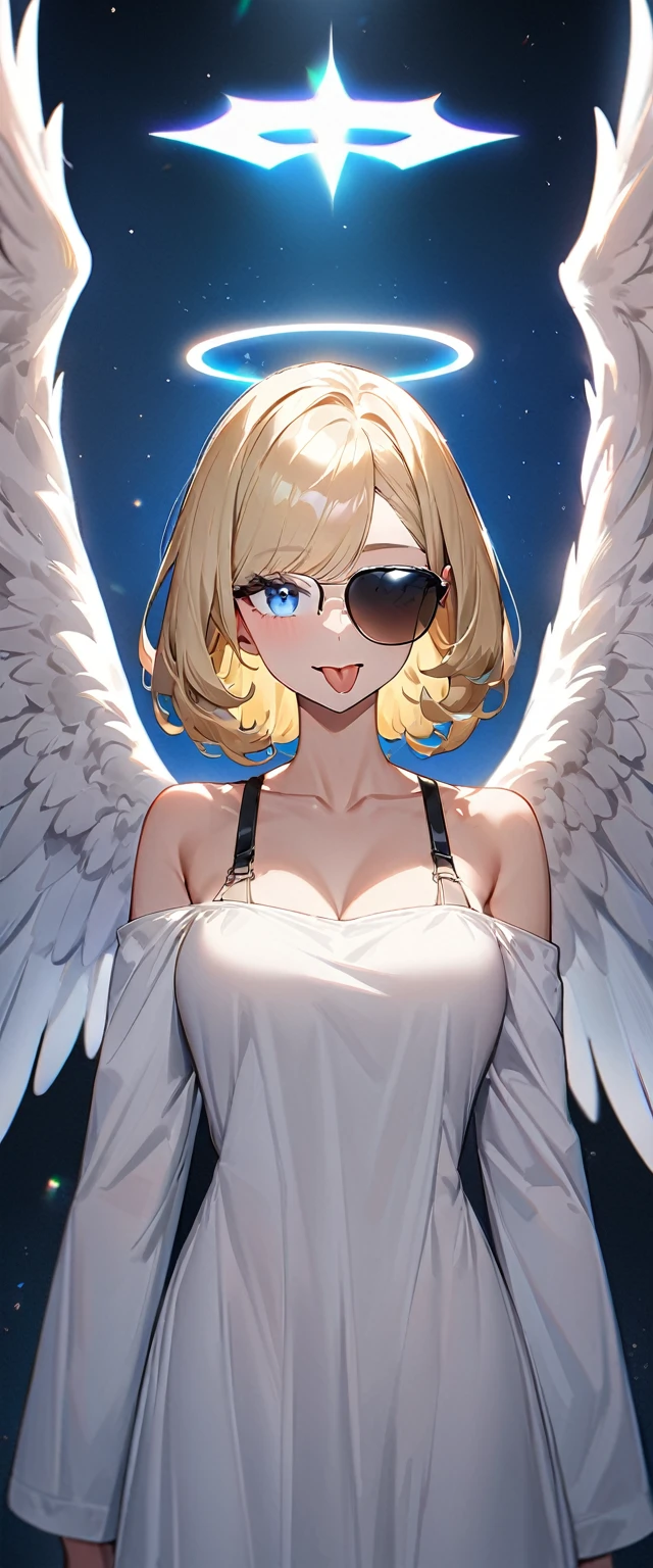 (((One girl))), ((sunglasses, hand to sunglasses)), ((angel, big big white wings:1.2, halo:1.3)), Uriel, ((wavy hair, outward curled hair)), evening, Sunset, open mouth, ((stick out tongue)), ((blond hair, bob cut:1.3)), big breasts, teenager, (looking at viewer), oversized clothes, puffy long sleeves, collarbone, ((off-shoulder sweater dress:1.3, Quite thick shoulder straps)), (((sleeves past wrists:1.3))), ((white sweater)), collarbone, head tilt:1.3, (((blue eye))), ((happy smile)), (((anime style))), (best quality, 4K, 8K, highres, masterpiece:1.2, ultra-detailed, ultra-detailed eyes, HDR, uhd, studio lighting, ultra-fine painting, sharp focus, physically-based rendering, extreme detail description, professional, vivid colors, bokeh), ((Highest quality, Best image quality, Ultra-high resolution, Ultra-high resolution, solo, Strong eye highlights)), Depth of written boundary, Natural soft light, attractive, Beautiful Face, Cleanliness, Pure Face, medium chest, Beautiful Face, Perfect Fingers, Perfect hands, Perfect body, Perfect Face, Shine a light into your eyes, Perfect Anatomy