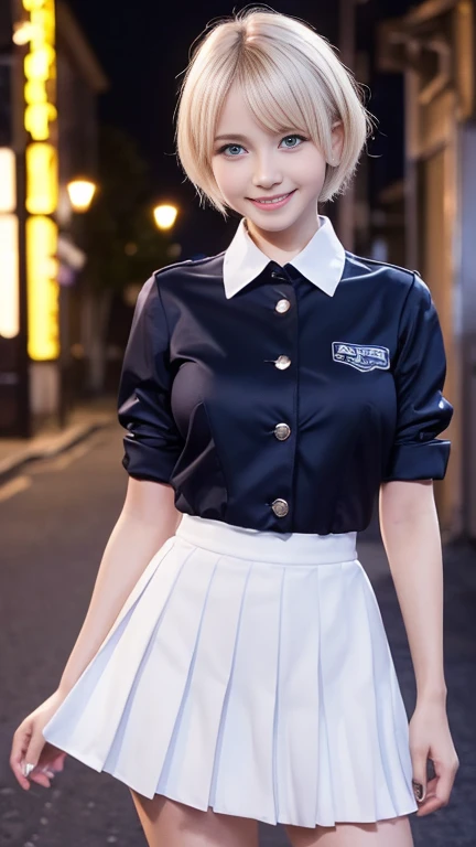 (Highest quality, 8K, 32k, Tabletop, Hmph:1.2), (Realistic:1.5), (Tabletop, 非常に詳細な CG Unity 8K 壁紙, Highest quality, expensivet resolution:1.2), (Super detailed, Hmph:1.2), (Cowboy Shot:1.3), break, (Wear a uniform, Navy jacket:1.3, White collared shirt:1.3, Pleated skirt:1.3, Black sneakers:1.3), Bright expression, Glowing White Skin, Best Looks, ultimate beauty girl, break, (Platinum blonde hair with dazzling expensivelights, Layered Pixie Short Hair:1.5, Bright shiny hair, Silky straight hair, Beautiful sparkle), break, Sparkling, clear, Attractive blue eyes, Very beautiful and cute, Ample breasts, Tabletop, Highest quality, Capture the cutest moments, Written boundary depth, Super detailed, Ultra-high resolution, C4D, Octadale, 3D Modeling, 8K, 16K.,expensive_School_girl、(Mesugaki Smiles:1.5)、(night:1.8, Dim lighting:1.5, Sexy Gal, Downtown at night)