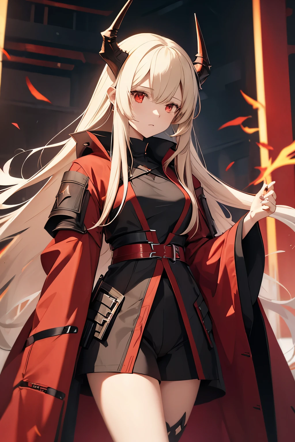 Arknights character Reed, woman with long pale blonde hair, with black dragon horns pointing up and red dragon tail, wingless, wearing red pajamas highlighting the chest