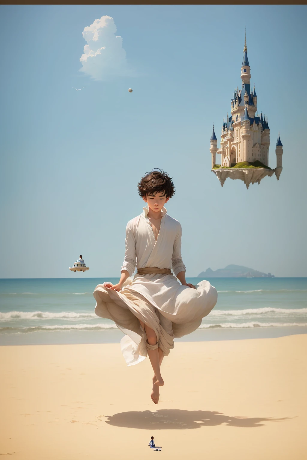 There is a boy sitting on the beach with a castle in the background, castles floating in the air, levitating above the ground, flying castle, rising in the air levitating, levitating, photo manipulation, surreal photo, surreal photography, forced perspective, levitation, beach surreal photography, levitating sand, photography alexei gurylev, surreal portrait photography