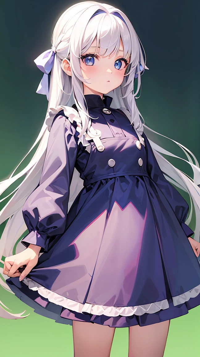 (Girl1,10 years old,round face,blue eyes,White hair,long hair),purple Pinafore Dress,ego,green background,highly detailed,hd