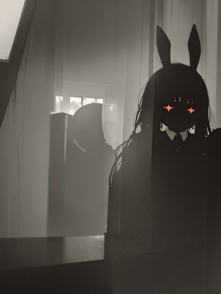 In a dark haunted house, horror, fear , It's muggy , steamy , rabbit ear girl , holding back pee , (Shadows seen through the curtains) , doggy style , blow job , hard core , orgasm , nudity