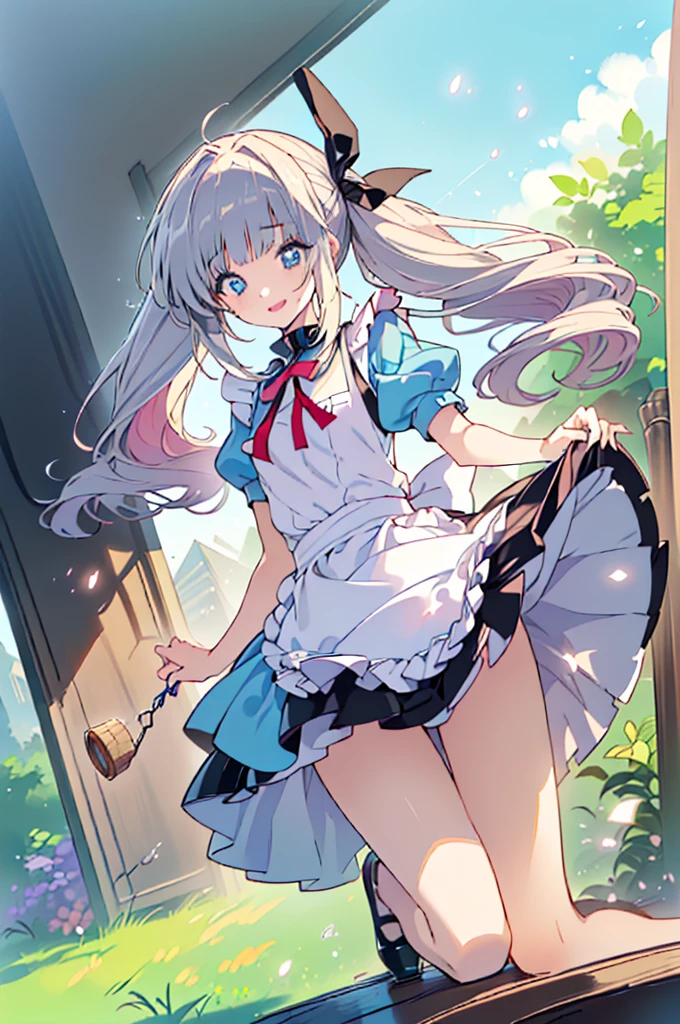 (perky chest:1.2), (pointed chest:1.2),(((Black Tunic:1.3))),(((cakes and bread in the basket),Cute and beautiful girl,Cute round face,Cute smile,with blush cheeks,Red Lip,a girl 17 years old, nsfw:1.2, beautiful body:1.3), shinny skin, BREAK, ((alice in the wonderland:1.3, cute, kawaii, lovely, funny, a girl falling down from sky:1.3, girl flying in sky:1.4, girl floating in air:1.5, rolling upskirt by wind:1.6, (with sparkling eyes and a contagious smile),open mouth, Looking at Viewer, surprised, putting hands on crotch over the skirts:1.5)), BREAK, ((floating things as follows:1.3, PlayingCards, Trump, tea cup, tea pot, tea spoons, pocket watch:1.3, lip sticks, candies:1.2, cookies, jam bottles, classical door_keys)), ((long purply_Blue dress :1.5, wearing long flaired skirt:1.3, the skirt is blowing:1.3, cute pink Apron, black stockingedium long platinum-blonde hair:1.2, twin tail hair:1.6, tied hair with a large ribbon), (Blue eyes, bright pupils with highlights, detailed eyes), (lying down on your back:0.7, spreading legs with rising up straight:0.7), sexy posture, fantastic colorful art, (fantasy art:1.2, wondered images), ((correct anatomy:1.5, perfect anatomy:1.3, correct hand, small foot:1.2)),