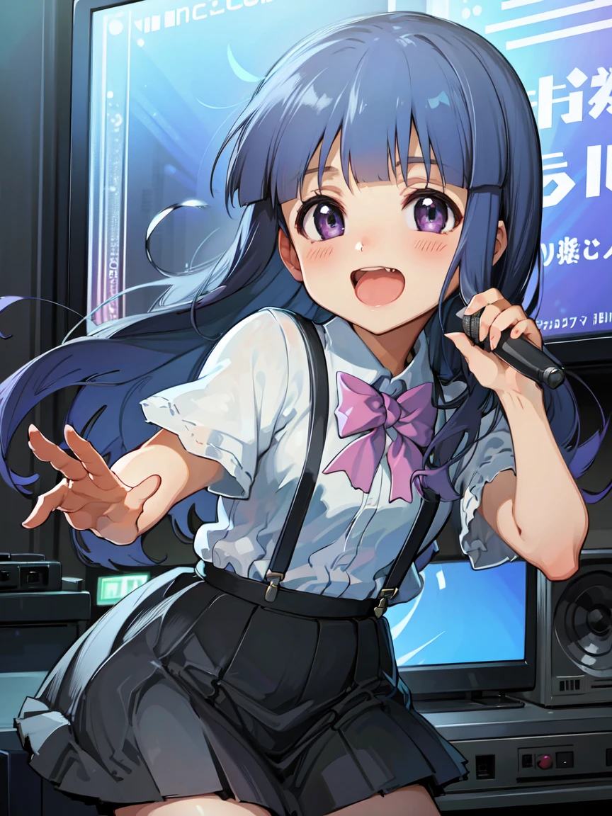 (furude rika), (Ultra-high resolution), (masterpiece), (Attention to detail), (high quality), (最high quality) , 1 Girl, alone, Blue Hair, Purple eyes, Long Hair, blunt bangs, bangs, White shirt, Pink Ribbon, suspenders, Black Skirt, ((Karaoke machine wired)), (Two Girls), sing, Grab the microphone, TV subtitles, sofa, carpet, Poster