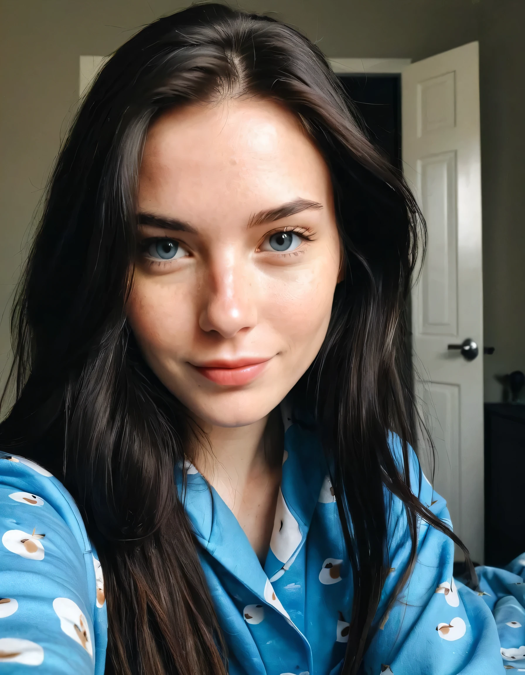selfie instagram , une femme magnifique de 23 ans , léger sourire , visage et yeux détaillés , Éclairage naturel , à la maison , cheveux longs, porter un joli pyjama faible contraste, visage naturel , taches de rousseur , cheveux noirs , yeux bleus, petites cernes sous les yeux, sexy, nez fin, lèvres parfaites