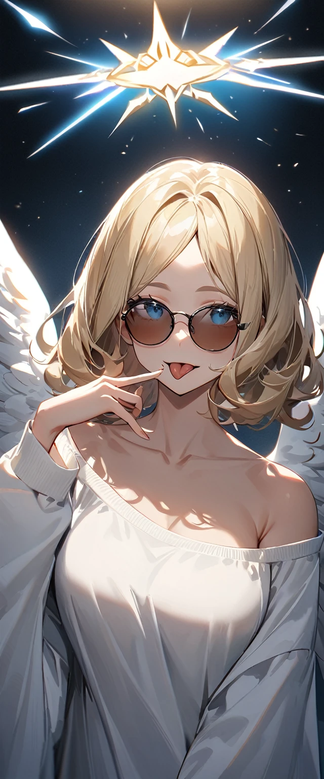 (((One girl))), ((sunglasses, hand to sunglasses)), ((angel, big big white wings:1.2, halo:1.3)), Uriel, ((wavy hair, outward curled hair)), evening, Sunset, open mouth, ((stick out tongue)), ((blond hair, bob cut:1.3)), big breasts, teenager, (looking at viewer), oversized clothes, puffy long sleeves, collarbone, ((off-shoulder sweater dress:1.3, Quite thick shoulder straps)), (((sleeves past wrists:1.3))), ((white sweater)), collarbone, head tilt:1.3, (((blue eye))), ((happy smile)), (((anime style))), (best quality, 4K, 8K, highres, masterpiece:1.2, ultra-detailed, ultra-detailed eyes, HDR, uhd, studio lighting, ultra-fine painting, sharp focus, physically-based rendering, extreme detail description, professional, vivid colors, bokeh), ((Highest quality, Best image quality, Ultra-high resolution, Ultra-high resolution, solo, Strong eye highlights)), Depth of written boundary, Natural soft light, attractive, Beautiful Face, Cleanliness, Pure Face, medium chest, Beautiful Face, Perfect Fingers, Perfect hands, Perfect body, Perfect Face, Shine a light into your eyes, Perfect Anatomy
