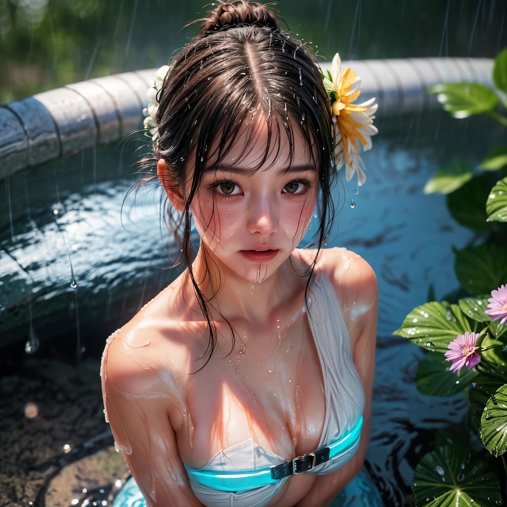 masterpiece of ExtremelyDetailed (ProfessionalPhoto of Stunning women:1.4) Looking at Sky, (((Downpour))), BraidHair with bun, (Joyful Expressions LifeLike Rendering), ((Extremely detailed beautiful face and eyes)) BlushAhegao SmoothArmpit LiquidSoap WhiteBubbles (((WetHair)))  BREAK  PUNIPUNI (((Nonan Takizawa))), beltbra, MysticSight, (Torrential Rain:1.4) (SparklingDrops:1.28) {Overflowing HUGE Underboob|Overflowing WaterDrops|Overflowing water}((({WetSkin|WetFace|WetHair}:1.37))), (SFW), HiddenHands, motionblur (bokeh:1.4), (no extra limbs), (no extra eyebrow), ((Dazzling RainbowColor reflections and particles, LyingFullBody)), (((from above))), FlowerHairpin, Full of flowers, Overflowing Flowers , (((Glowing body:1.37)))