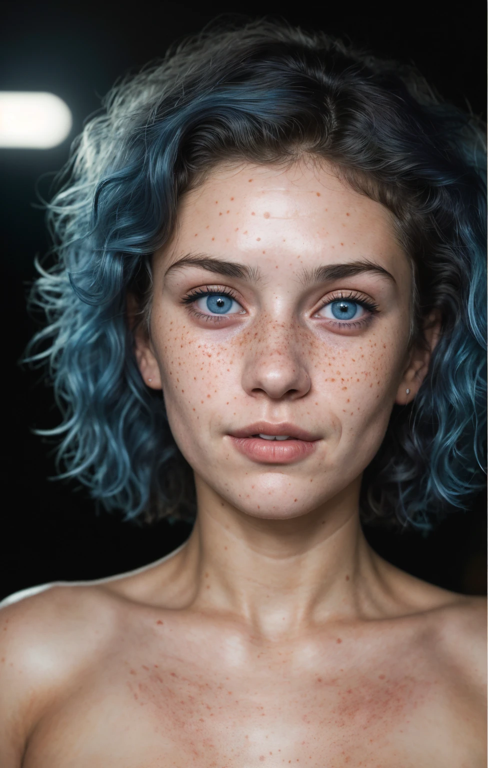 (Close-up, editorial photograph of a 21 year old woman), (highly detailed face:1.4) (smile:0.7) (background inside dark, moody, private study:1.3) POV, by lee jeffries, nikon d850, film stock photograph ,4 kodak portra 400 ,camera f1.6 lens ,rich colors, hyper realistic ,lifelike texture, dramatic lighting , cinestill 800, wavy hair, messy hair, curls, Short hair, Mischievous smirk, Blue hair, Blue Eyes, freckles, White Skin, Sci Fi, Spaceship, Cyberpunk, Futurism, Technocratic Union, Astral Plane, European expressions, European woman, European skin, naked, Athletic body
