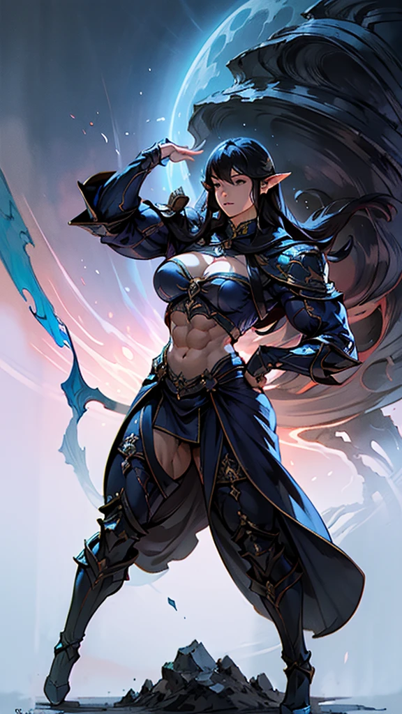 stunningly sensual elfess, large well-trained muscles, very impressive hypermuscular physique, magical and mysterious, bulging feminine proportions, perfect and flawless muscular sensual body, vascular massive biceps, deep black hair, pale chaik white skin, female elf wizard in fantasy setting