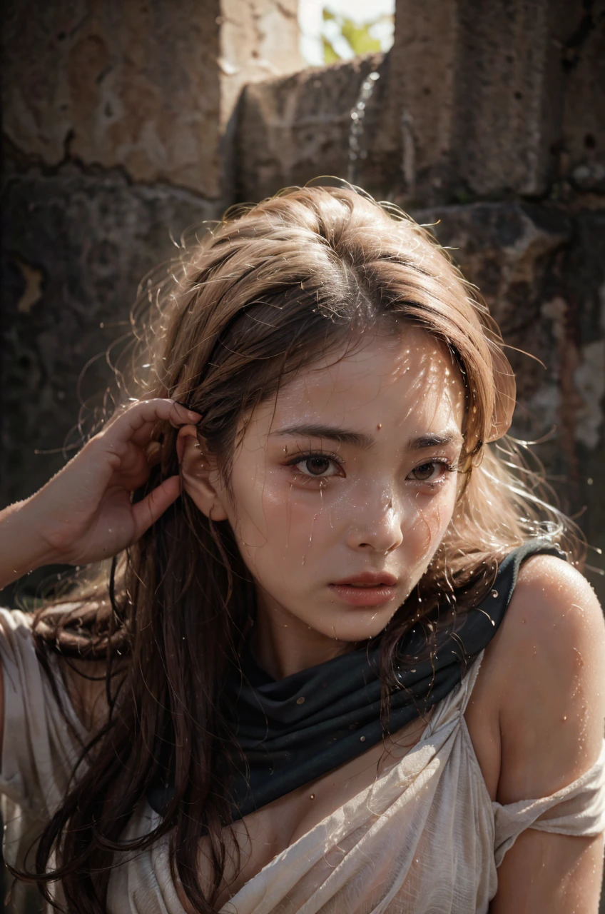 High-quality images、Detailed hair texture、Detailed skin texture、Detailed fabric texture、8K、Add fabric details、超Detailed skin texture、Highly detailed photos、blush、Wet、transparent、（masterpiece、Highest quality） 、Wet Skin、By a professional photographer、Natural light is a bit blurry、Sweat dripping、Are crying、Facial expressions distorted by ecstasy、滴る汗
