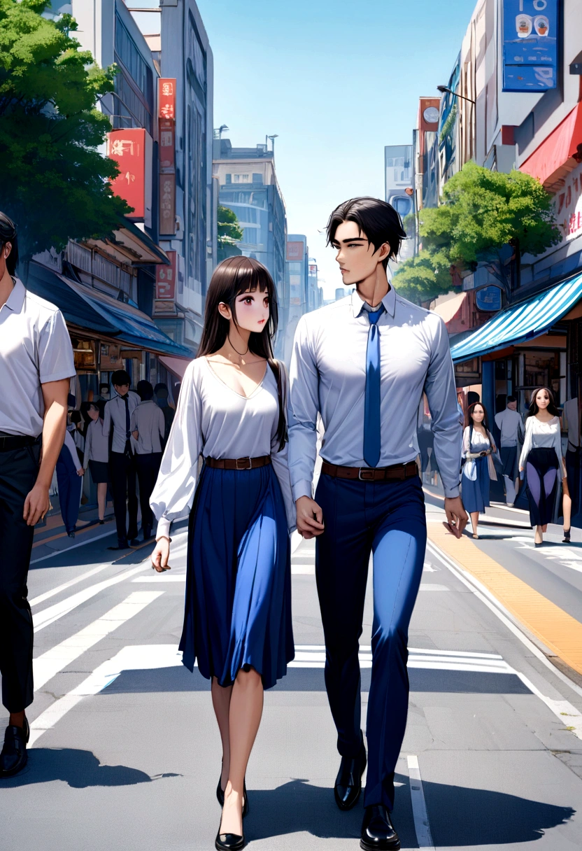 Create an image from a prompt "a thai handsome male student wearing a white long- sleeved shirt, a blue tie, a belt, blue pants, and leather shoes walking behind a thai beautiful female student wearing a white blouse, a blue skirt, and black shoes with a distant background of people walking on a street"