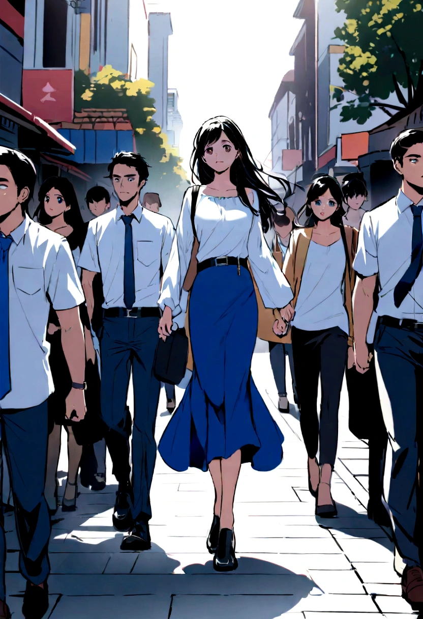 Create an image from a prompt "a thai handsome male student wearing a white long- sleeved shirt, a blue tie, a belt, blue pants, and leather shoes walking behind a thai beautiful female student wearing a white blouse, a blue skirt, and black shoes with a distant background of people walking on a street"