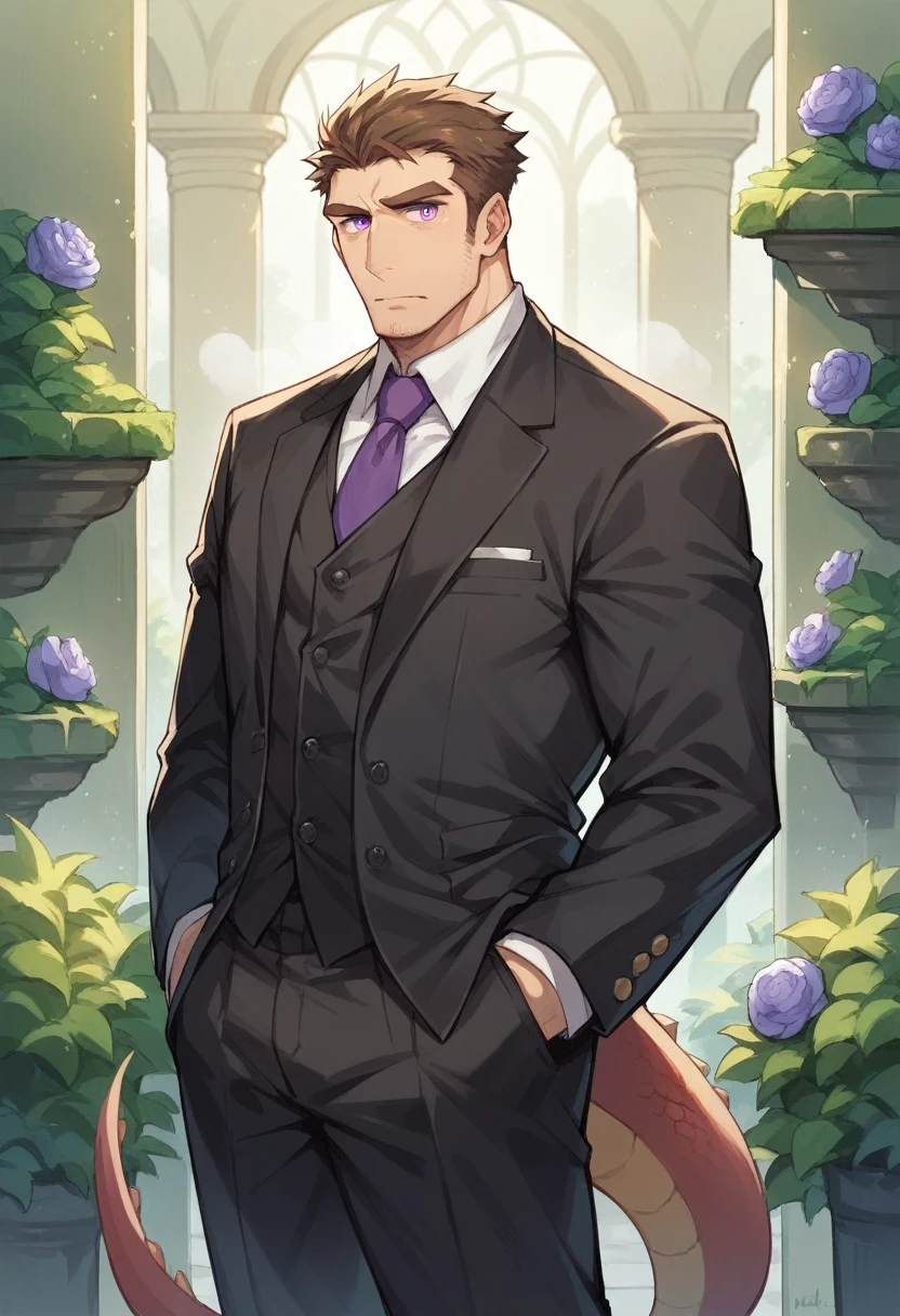 dragon，personification，Mature male，Bad Uncle，，Cold expression，Purple pupils，Brown eyebrows，Black suit suit，Hands in pockets，The Age of Steam，garden。