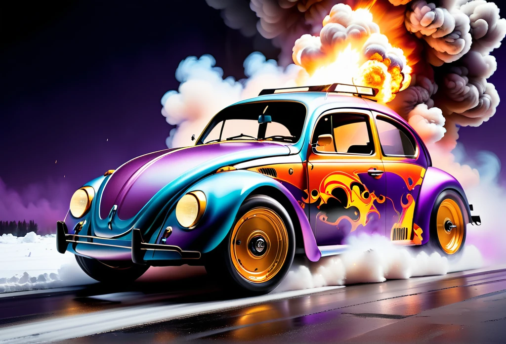 a (((hyper-realistic))), (((32k UHD masterpiece in the style of a cinematic art piece))). The focal point is a futuristic "race car muscle new beetle " shown at a dynamic angle, engulfed in snow storm theme. The level of (detail is extraordinary), capturing the intricacies of the car's rear with bold textures and vibrant, contrasting colors. Predominantly rust and old hues dominate the composition, emphasizing the blazing car as the centerpiece. The fire is depicted with a mix of grays and purples, creating a dramatic and intense atmosphere. The smoke billows in all directions, adding a surreal element to the scene. The image, with an aspect ratio of 16:9, fills the screen, immersing the viewer in the cinematic experience. This hyper-realistic artwork draws inspiration from artists like Jackson Pollock, known for his dynamic "action painting" technique, and Salvador Dali, with his dreamlike, surreal images. The overall composition explores themes of speed, action, and transformation. The addition of film grain, sharp details, and a ((raw style reminiscent of Fujifilm XT3 35mm f4)) contributes to the ((studio art)) feel, creating a visually stunning representation of a (burning racing car).