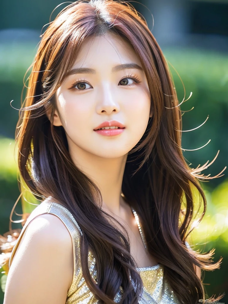 Kwon Eun-bi is a young Korean woman in her 28s. She short at the height of the back and a little curled. She has her back-length hair, a little curled and coppery red in color.
She face is slightly shorter than it is long, which carry a warm , expressive face. Her skin is radiant and clear, presenting an impeccable state of health and her curved lips.
Large, brown eyes are expressive and captivating.
She height is medium, her natural body and defined made up of proportional curves. with the most charming and provocative. It matches their personalities.
She wears a silver dress that sparkles as the moonlight illuminates her