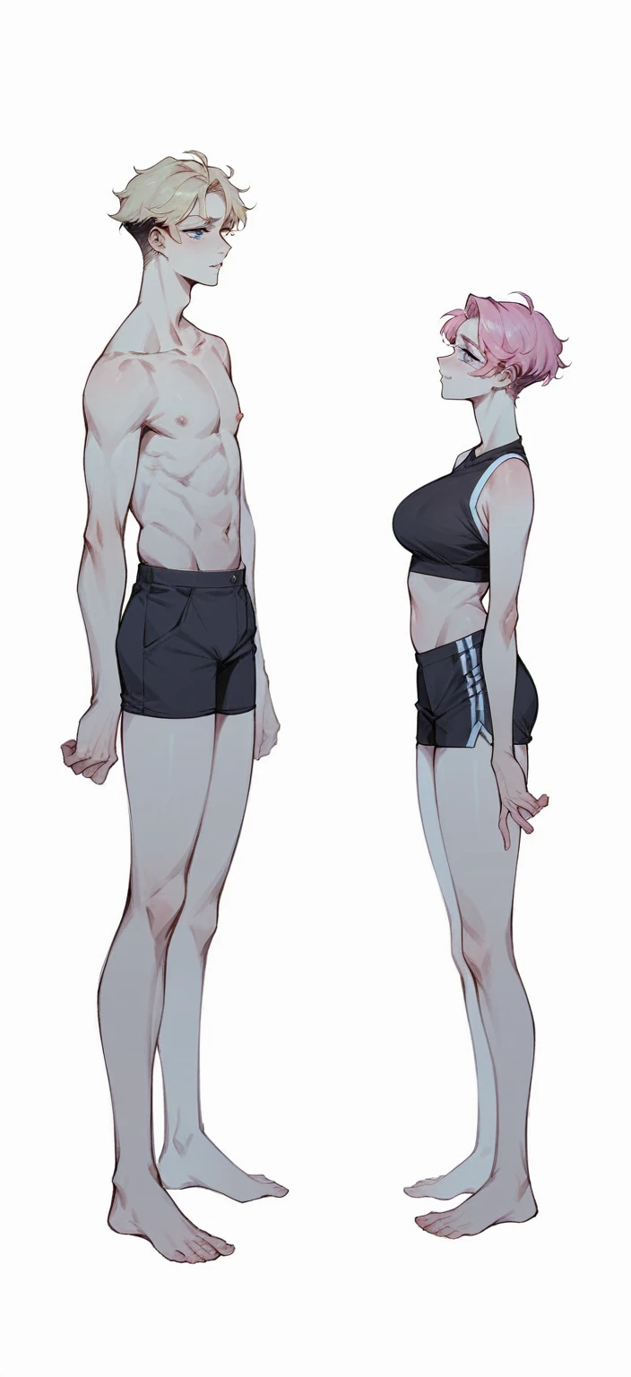 a pretty Male, he has pale blonde hair color mixed with Magenta color, and his eyes are Blue to pink, talking to a female with pink hair and blue eyes He and she are wearing an academy. Manhwa style.
