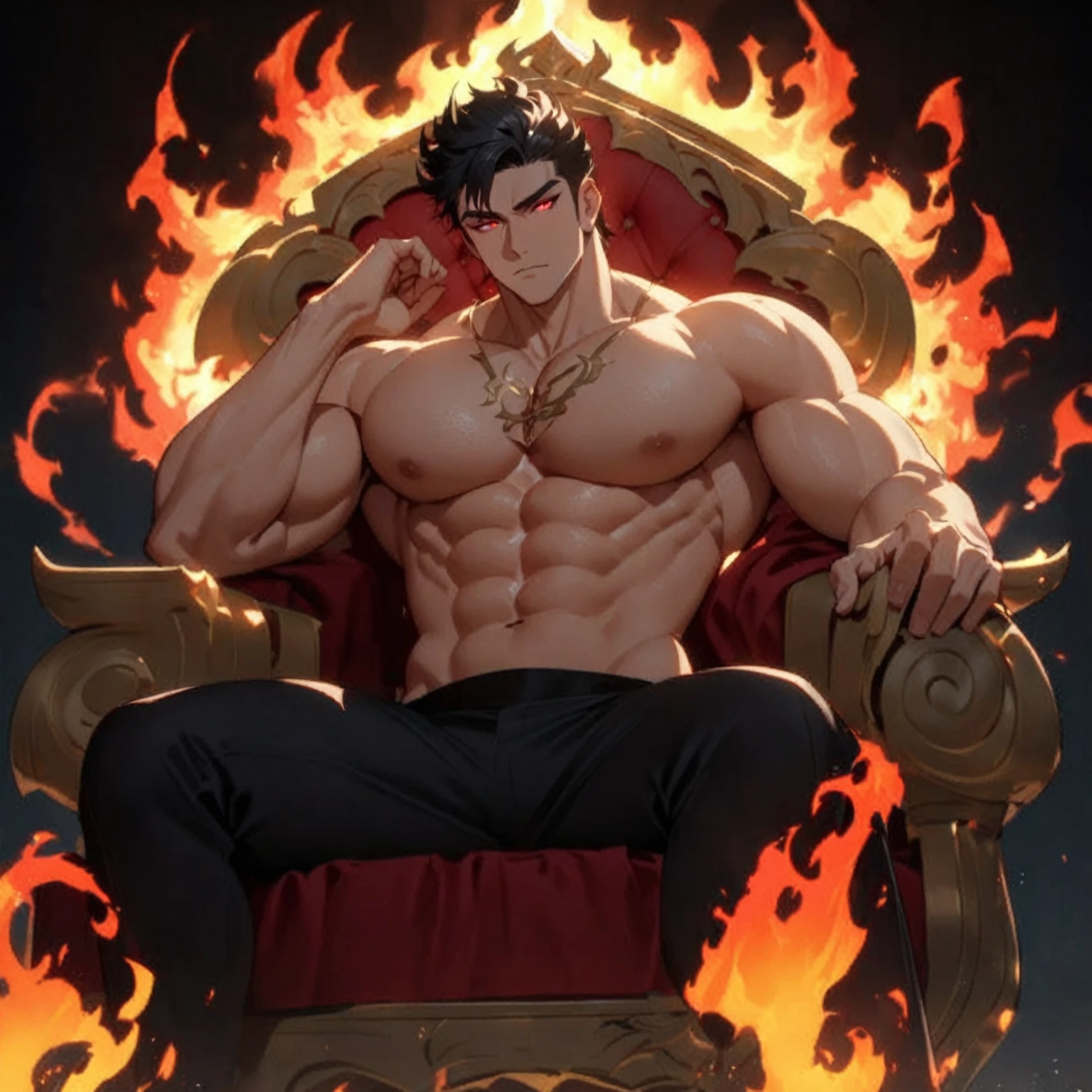 Relaxing on a fiery throne, the god of fire, a handsome man with black hair, exudes power with intense glowing red eyes and large pectorals. His pose is majestic, bathed in dramatic cinematic lighting, creating an atmosphere of divine authority. Large pectorals, open legs. Attractive male, sexy masculine, handsome male