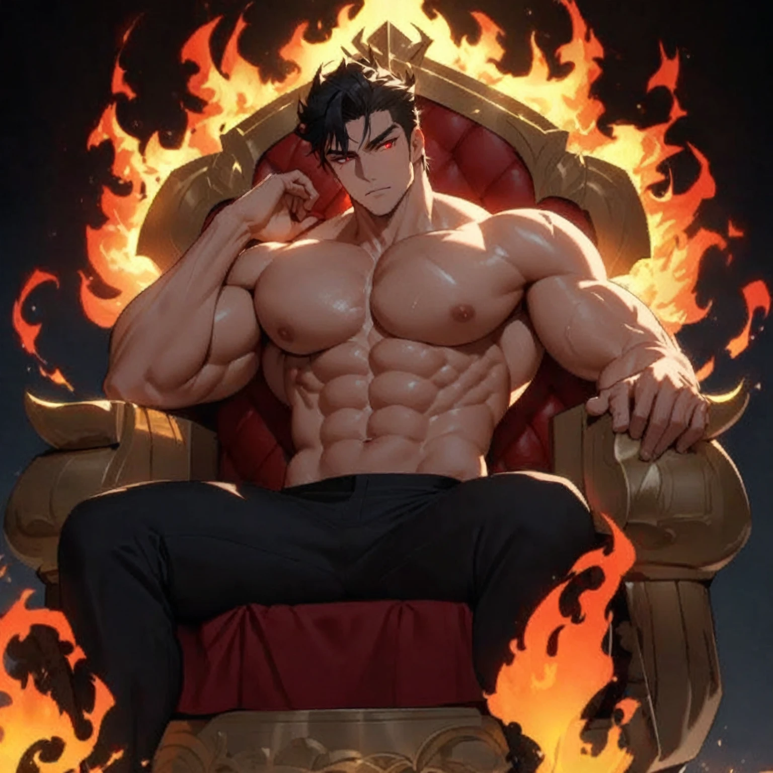 Relaxing on a fiery throne, the god of fire, a handsome man with black hair, exudes power with intense glowing red eyes and large pectorals. His pose is majestic, bathed in dramatic cinematic lighting, creating an atmosphere of divine authority. Large pectorals, open legs. Attractive male, sexy masculine, handsome male