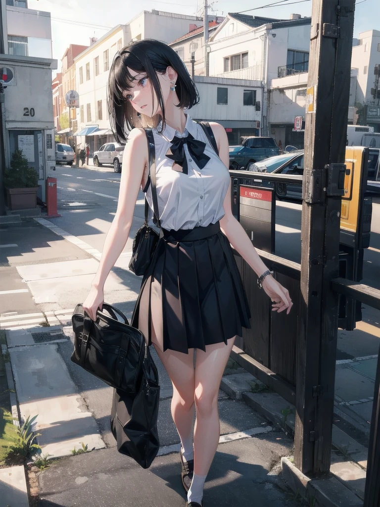 absurdres, RAW photo, extremely delicate and beautiful, masterpiece, Best Quality, ultra high resolution, 32k, hyperrealistic, ultra-detailed, in her 20s, delicate facial features, tearful mole, earring, medium breasts, full body shot, shorter middle hair, black hair, summer school_uniform shirt, sleeveless,
