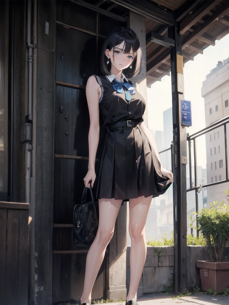 absurdres, RAW photo, extremely delicate and beautiful, masterpiece, Best Quality, ultra high resolution, 32k, hyperrealistic, ultra-detailed, in her 20s, delicate facial features, tearful mole, earring, medium breasts, full body shot, shorter middle hair, black hair, summer school_uniform shirt, sleeveless,