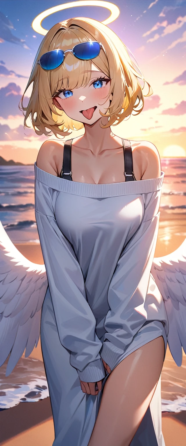 (((One girl))), ((tanned skin)), ((sunglasses, hand to sunglasses)), ((angel, big big white wings:1.2, halo:1.3)), open mouth, ((stick out tongue)), ((wavy hair)), evening, Sunset, sea, beach, ((blond hair, bob cut:1.3)), big breasts, teenager, (looking at viewer), oversized clothes, puffy long sleeves, collarbone, ((off-shoulder sweater dress:1.3, Quite thick shoulder straps)), (((sleeves past wrists:1.3))), ((white sweater)), collarbone, head tilt:1.3, (((blue eye))), ((happy smile)), (((anime style))), (best quality, 4K, 8K, highres, masterpiece:1.2, ultra-detailed, ultra-detailed eyes, HDR, uhd, studio lighting, ultra-fine painting, sharp focus, physically-based rendering, extreme detail description, professional, vivid colors, bokeh), ((Highest quality, Best image quality, Ultra-high resolution, Ultra-high resolution, solo, Strong eye highlights)), Depth of written boundary, Natural soft light, attractive, Beautiful Face, Cleanliness, Pure Face, medium chest, Beautiful Face, Perfect Fingers, Perfect hands, Perfect body, Perfect Face, Shine a light into your eyes, Perfect Anatomy