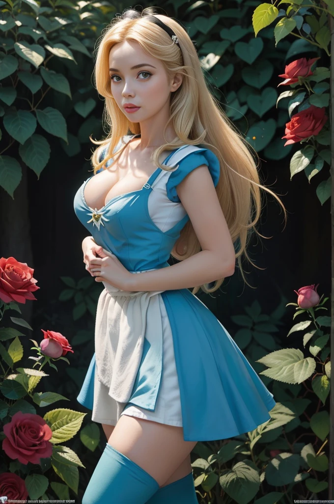 masterpiece, 1girl, solo, a sexy Alice in Wonderland with blonde hair, powder blue dress with white apron, white stockings, cleavage, dynamic, ultra high def, 32k, (perfect anatomy:1.5), perfect legs, in the style of Artgerm and Adam Hughes, perfect arms, in a rose garden