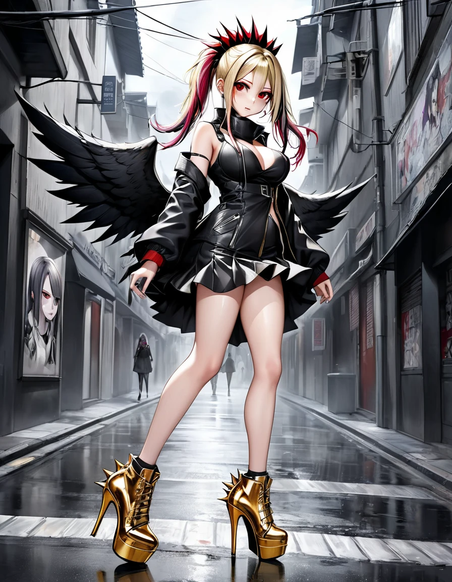 anime Avril Lavigne+ Naruto girl sexy angels black wings big tits spiky mohawk hair dress V cuts walking on a gloomy dark street in gold high heels scared style photo realism, Fully detailed drawing in black and black and only the red eyes