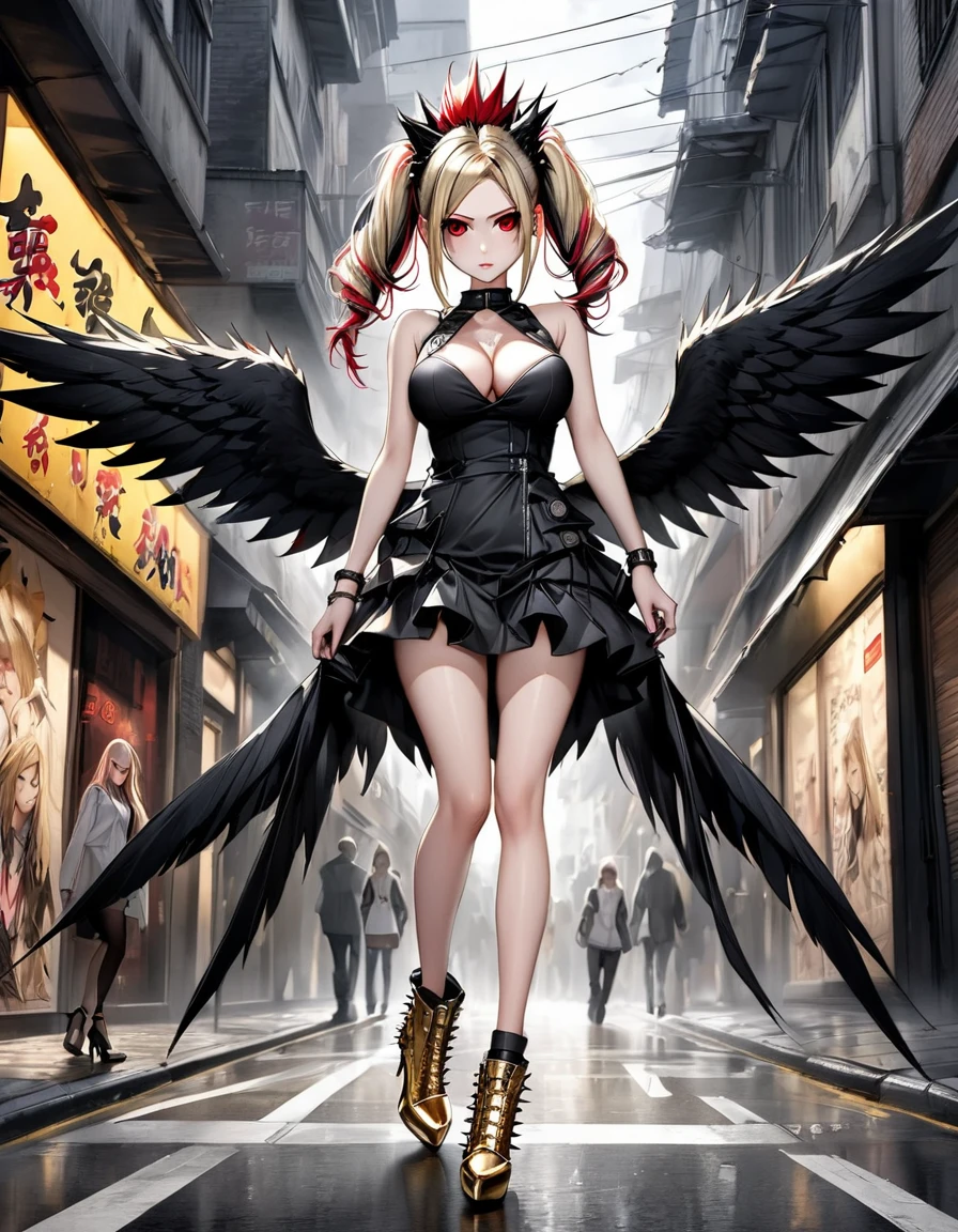 anime  Avril Lavigne+ Naruto girl sexy angels black wings big tits spiky mohawk hair dress V cuts walking on a gloomy dark street in gold high heels scared style photo realism, Fully detailed drawing in black and black and only the red eyes
