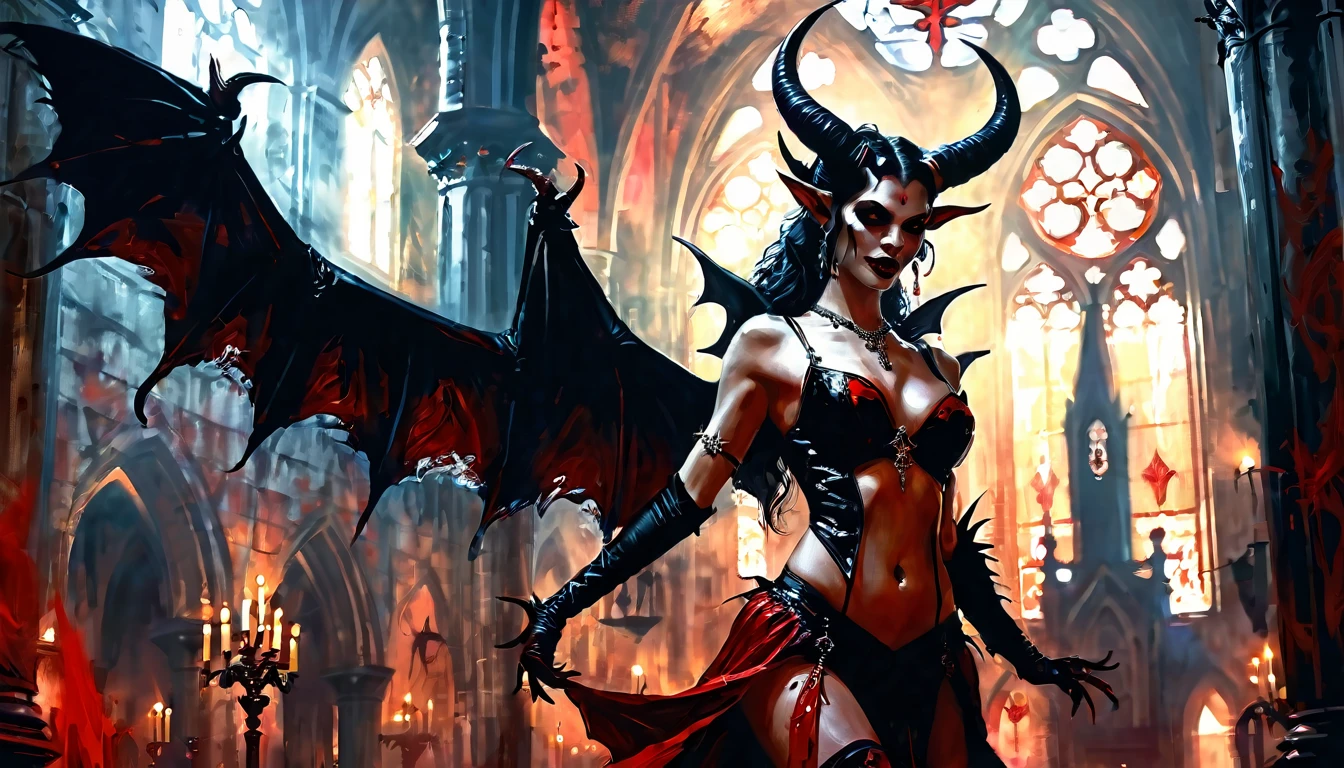 a painting of a holy succubus with horns, dancing, gloves, vampire the masquerade bloodlines, incredible art, gloomy background, nimbus, church ragged vestments, darksketch