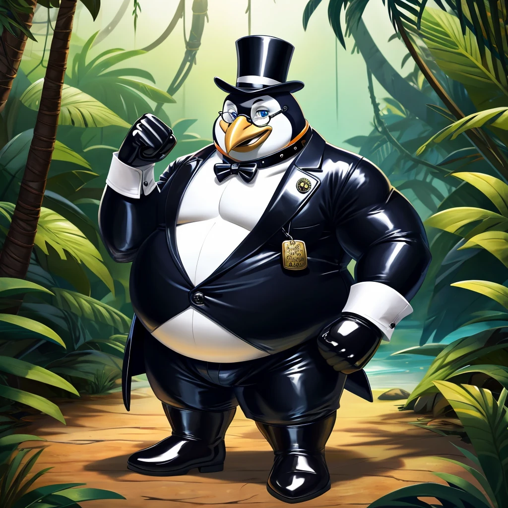 Solo, Male, fat, extremely obese, gentleman, dapper Professor Penguin, blue eyes, (posing:1.3), (soft shading), 4k, hi res, ((detailed face, detailed)), looking at viewer, evil grin, jungle, forest, collared shirt with buttons, top hat, male focus, Explorer Outfit, glasses, monocle, bag, vest with buttons, backpack, sleeves rolled up, round eyewear, brown headwear, brown vest, Penguin is wearing a glossy leather dog collar around the neck, Penguin is wearing the leather collar and shirt and vest at the same time, Penguin is wearing glossy white rubber gloves on the hands, wearing white rubber gloves on the feet, Penguin is wearing glossy white cuffs around the wrists with cufflinks, gloves are rubber in texture, clenching teeth, clenching fists, leather collar is glossy and shiny with a lot of detail, Penguin is wearing gloves and cuffs and cufflinks at the same time, leather collar has a round dog-tag, leather collar is thick and detailed.