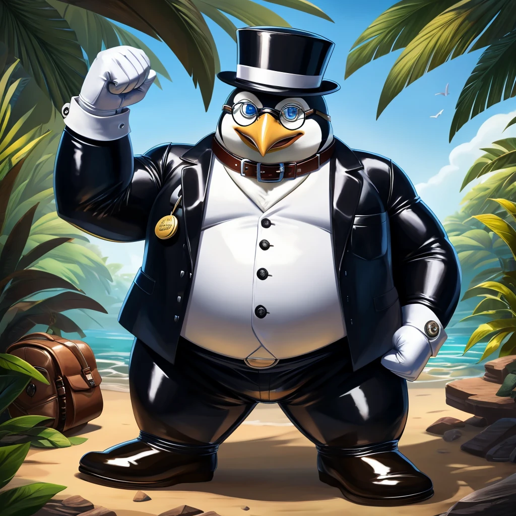 Solo, Male, fat, extremely obese, gentleman, dapper Professor Penguin, blue eyes, (posing:1.3), (soft shading), 4k, hi res, ((detailed face, detailed)), looking at viewer, evil grin, jungle, forest, collared shirt with buttons, top hat, male focus, Explorer Outfit, glasses, monocle, bag, vest with buttons, backpack, sleeves rolled up, round eyewear, brown headwear, brown vest, Penguin is wearing a glossy leather dog collar around the neck, Penguin is wearing the leather collar and shirt and vest at the same time, Penguin is wearing glossy white rubber gloves on the hands, wearing white rubber gloves on the feet, Penguin is wearing glossy white cuffs around the wrists with cufflinks, gloves are rubber in texture, clenching teeth, clenching fists, leather collar is glossy and shiny with a lot of detail, Penguin is wearing gloves and cuffs and cufflinks at the same time, leather collar has a round dog-tag, leather collar is thick and detailed.