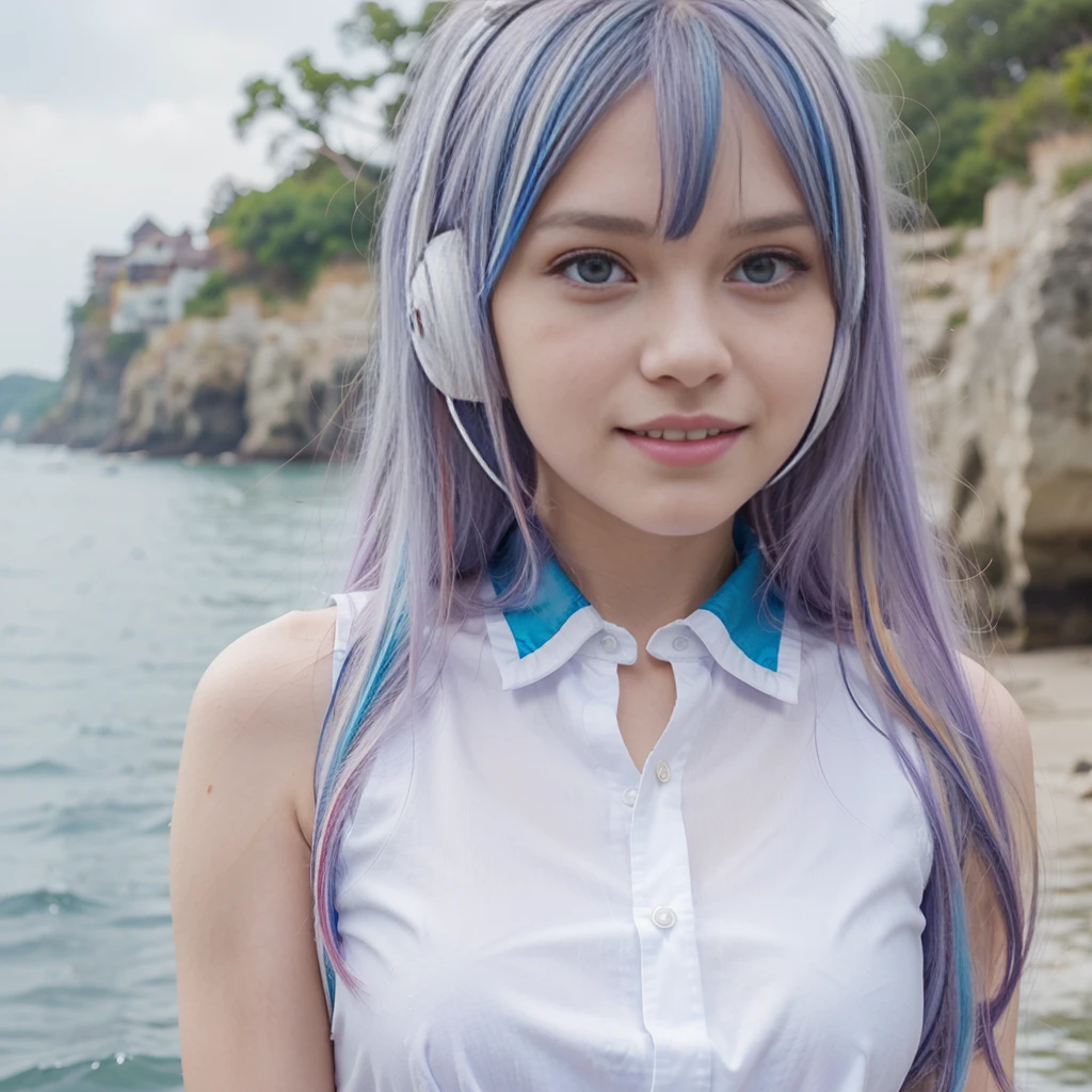 uta (one piece), oda eiichirou,, , 1girl, :d, bangs, blue ribbon, diamond-shaped pupils, diamond (shape), hair between eyes, headphones, long hair, multicolored hair, open mouth, purple eyes, red hair, ribbon, shirt, signature, sleeveless, sleeveless shirt, smile, solo, ((split-color hair)), symbol-shaped pupils, white hair, white shirt, sea, one eye covered, watercolor,, ,