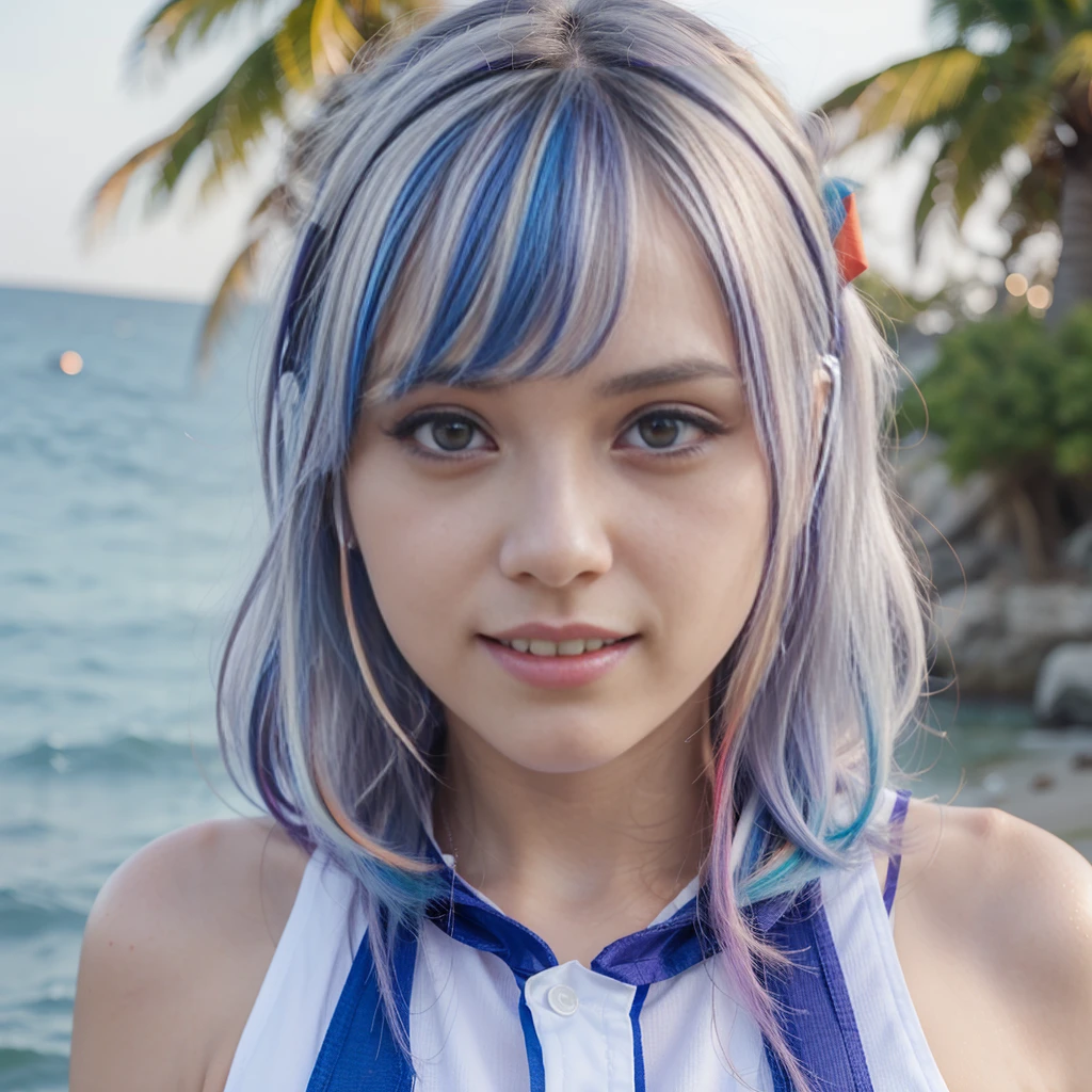 uta (one piece), oda eiichirou,, , 1girl, :d, bangs, blue ribbon, diamond-shaped pupils, diamond (shape), hair between eyes, headphones, long hair, multicolored hair, open mouth, purple eyes, red hair, ribbon, shirt, signature, sleeveless, sleeveless shirt, smile, solo, ((split-color hair)), symbol-shaped pupils, white hair, white shirt, sea, one eye covered, watercolor,, ,