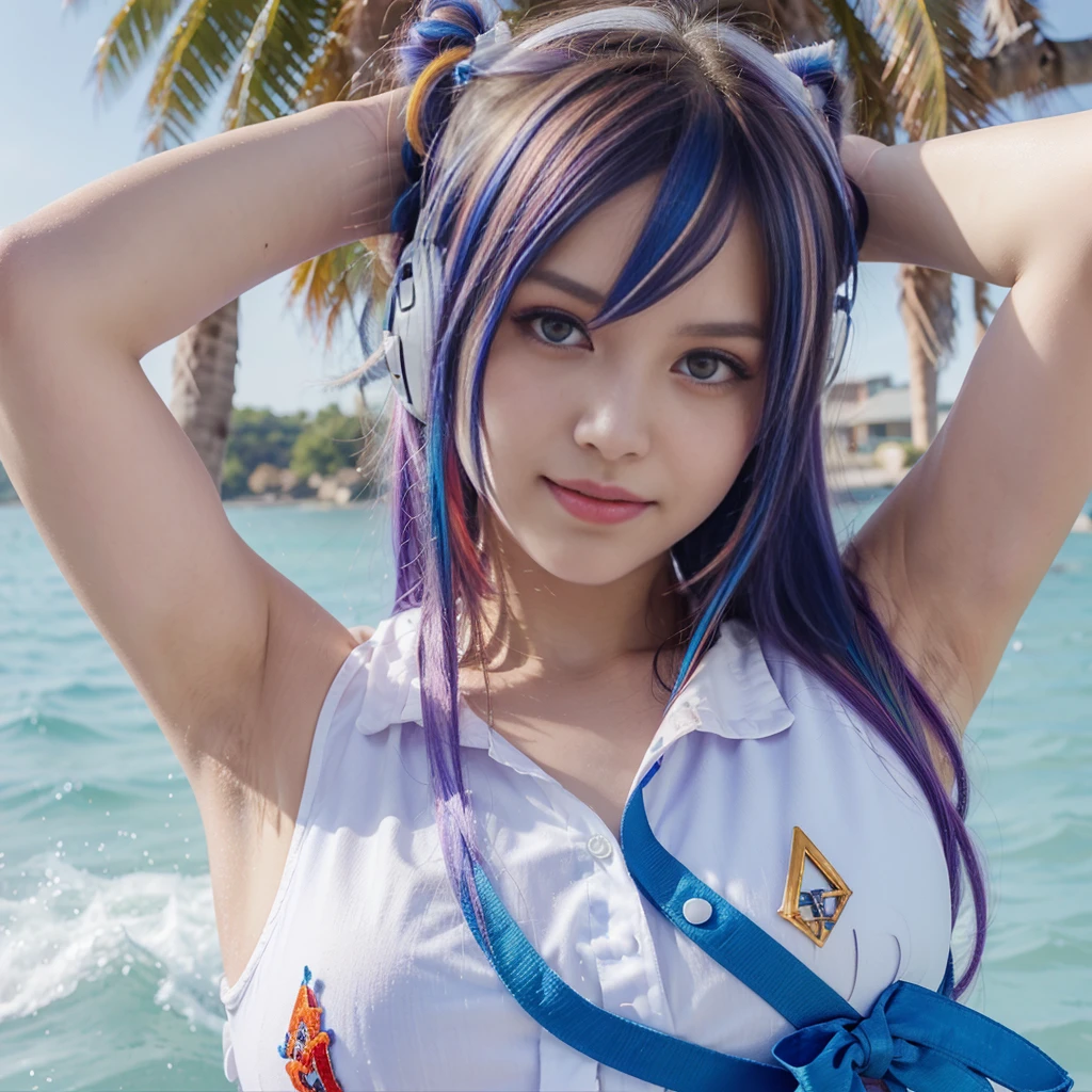 uta (one piece), oda eiichirou,, , 1girl, :d, bangs, blue ribbon, diamond-shaped pupils, diamond (shape), hair between eyes, headphones, long hair, multicolored hair, open mouth, purple eyes, red hair, ribbon, shirt, signature, sleeveless, sleeveless shirt, smile, solo, ((split-color hair)), symbol-shaped pupils, white hair, white shirt, sea, one eye covered, watercolor,, ,